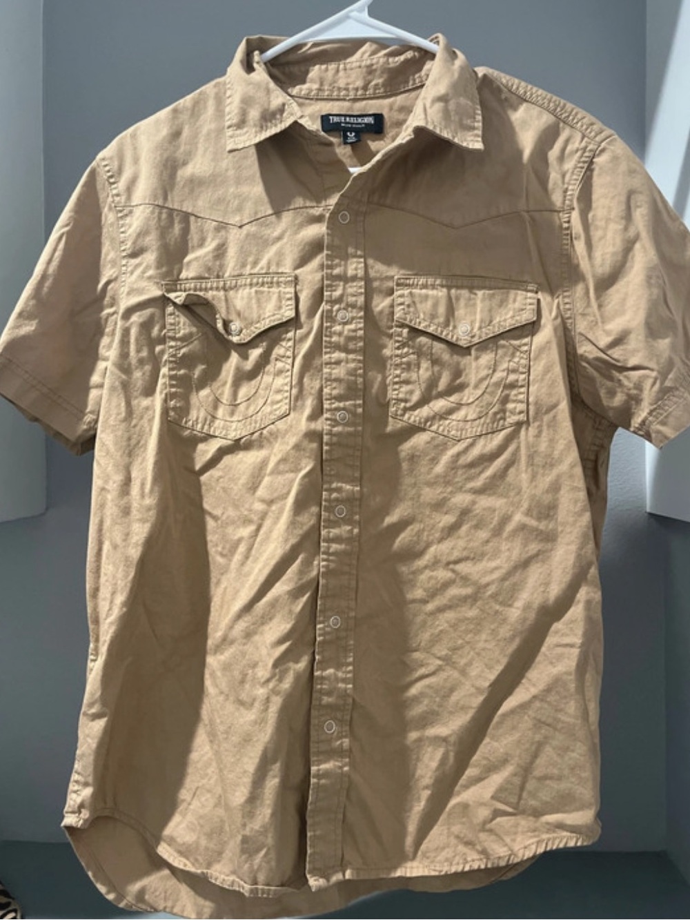 True Religion Men’s Short Sleeve Button-Up Shirt in Khaki